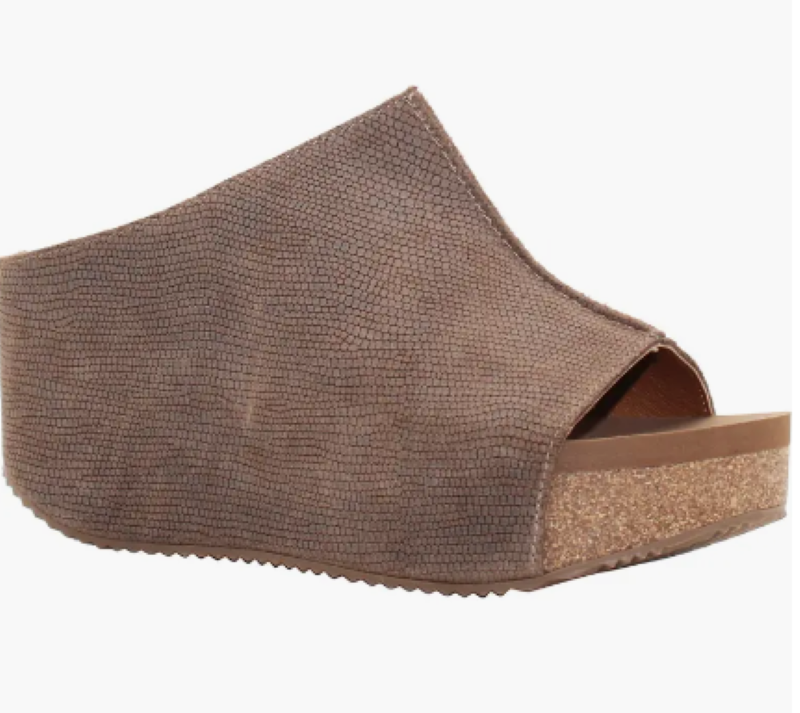 A pair of VOLATILE CARRIER CLAY EMBOSSED wedge sandals with a cork sole and rubber outsole, Volatile - Rosenthal & Rosenthal.